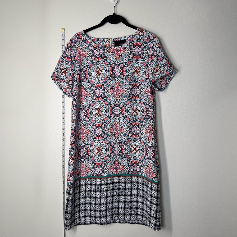 CYNTHIA ROWLEY Dress Womens Size 6 Multicolored Geometric Short Sleeve Zip Back